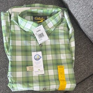 Cabela's White and Green Plaid Casual Shirt